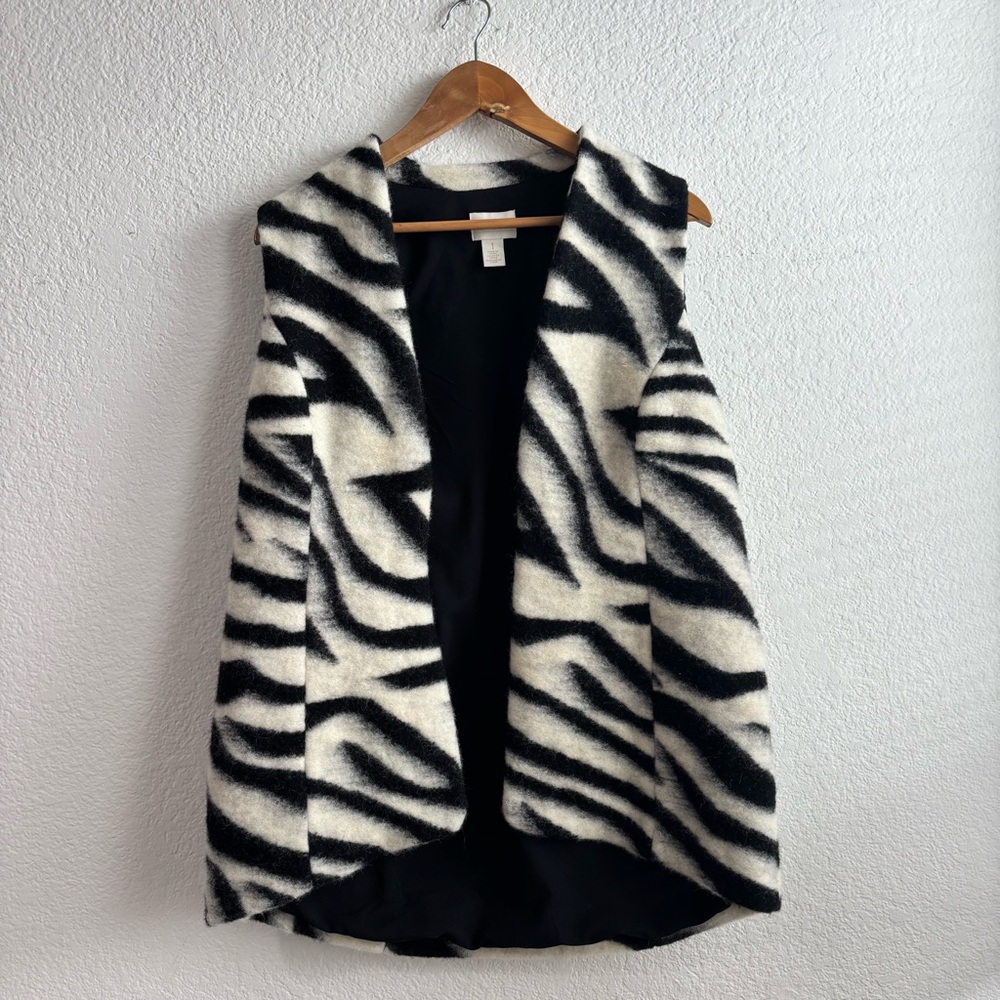 Chico's Wool Blend Black White Zebra-Print Open-Front Vest Size 1 Medium
